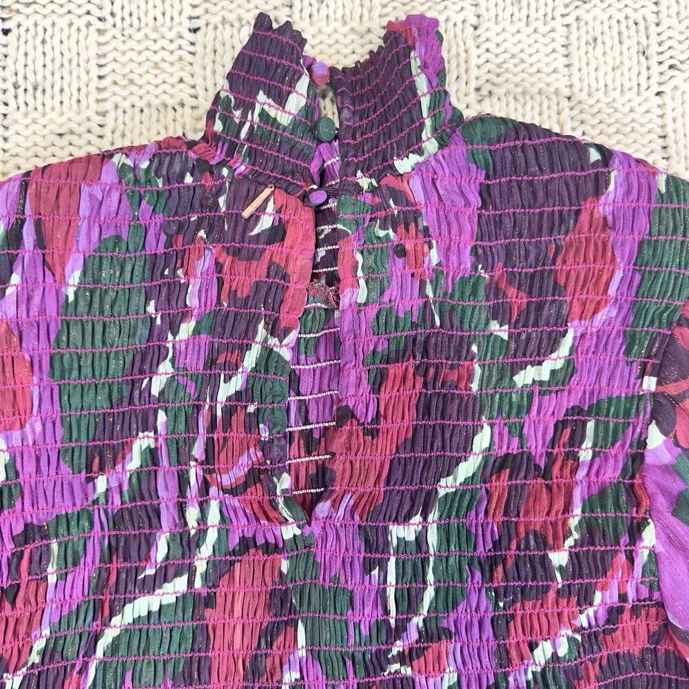 MISA Los Angeles Jessa Dress S Pink Purple Floral Lurex Smocked Mini Mock Neck - Picture 5 of 10